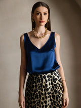 [Bleu Foncé] SilkSilky-FR Sleeveless V Neck Top À Fines Brides 004