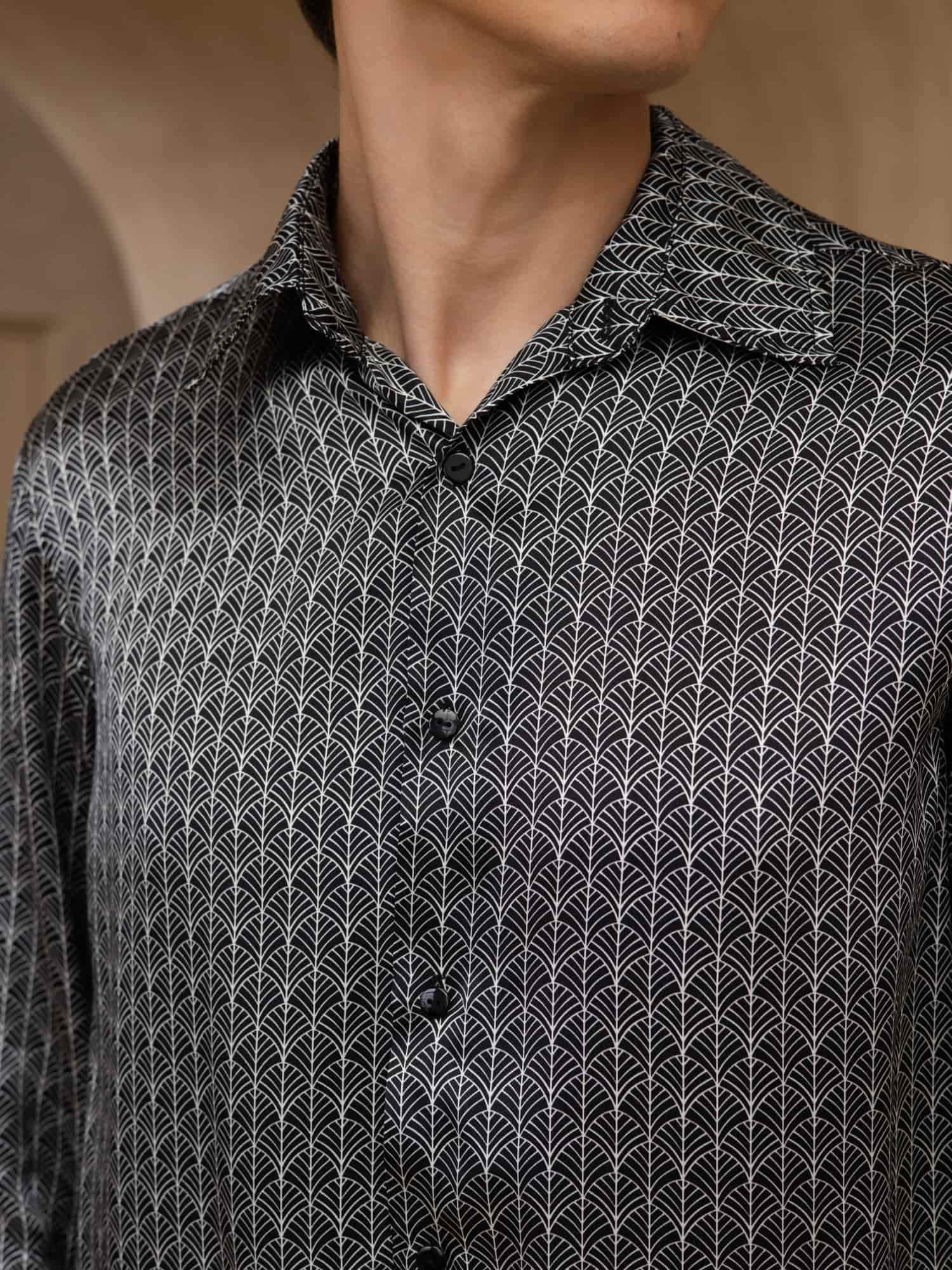 [Ginkgo Noir] SilkSilky-FR Manches longues Col à Revers Homme Chemise 006