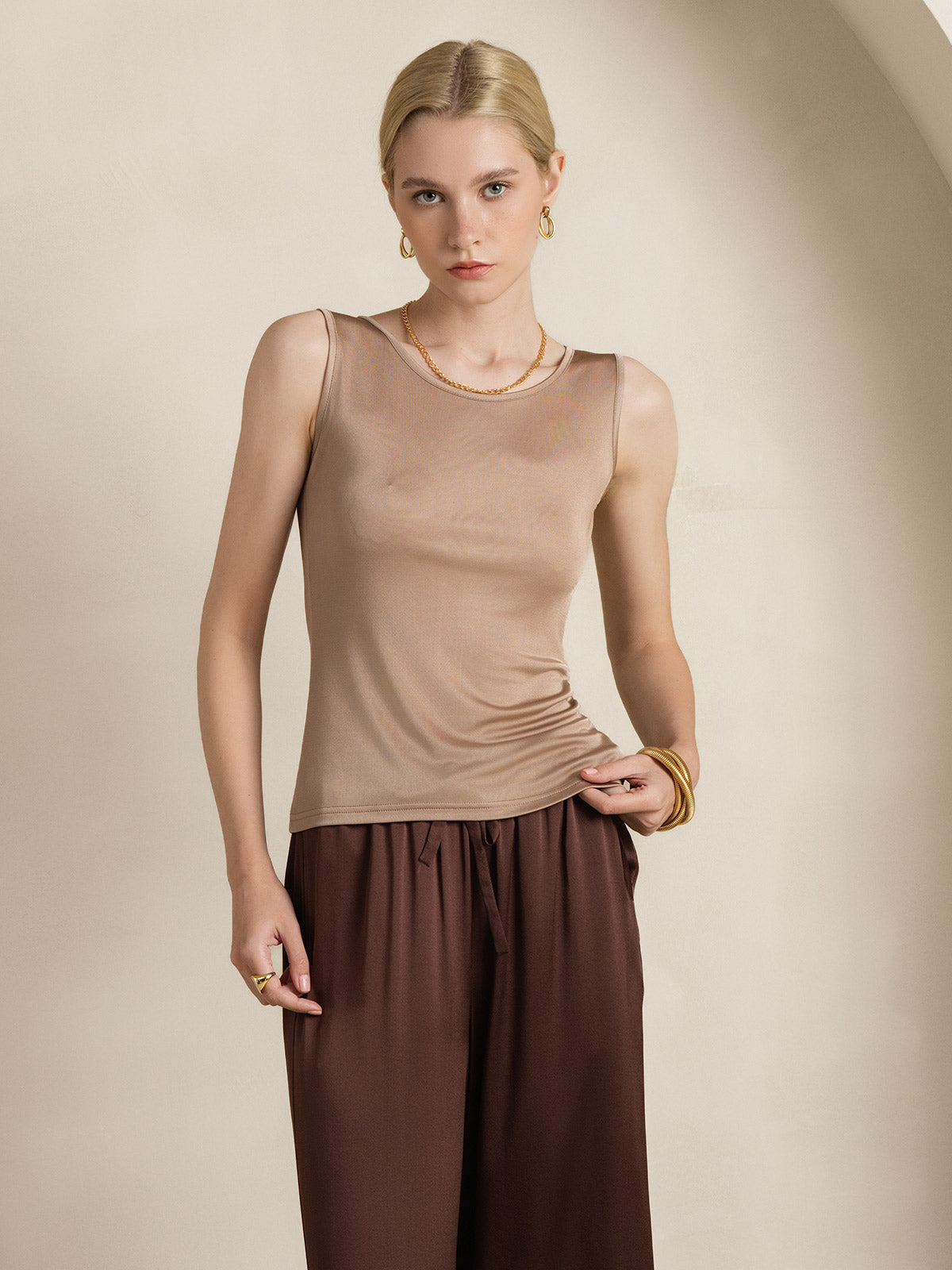 [Café] SilkSilky-FR Soie Tricotée Col Rond Femme T-Shirt 006