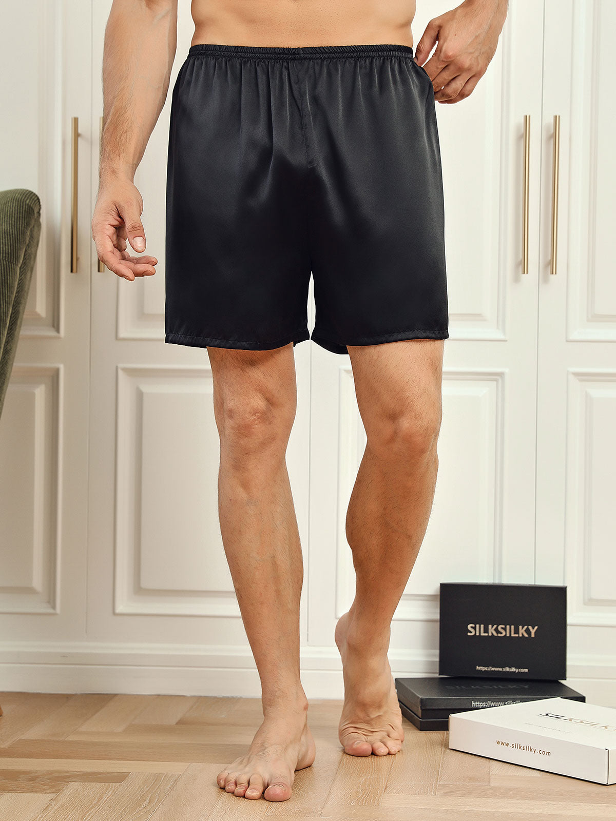 [Noir] SilkSilky-FR 19Momme Mens Sleep Bottoms 001