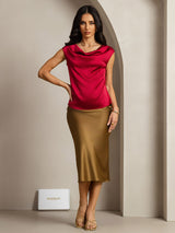 [Rouge Vineux] SilkSilky-FR Cap Sleeve Cowl Neck Femme T-Shirt 003