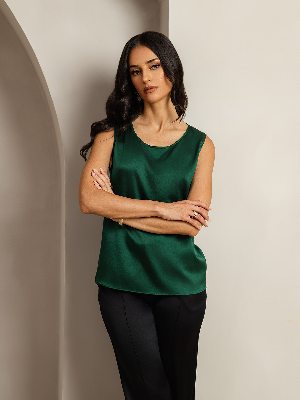 [Vert Foncé] SilkSilky-FR 19Momme Soie Col Rond Top À Fines Brides 007