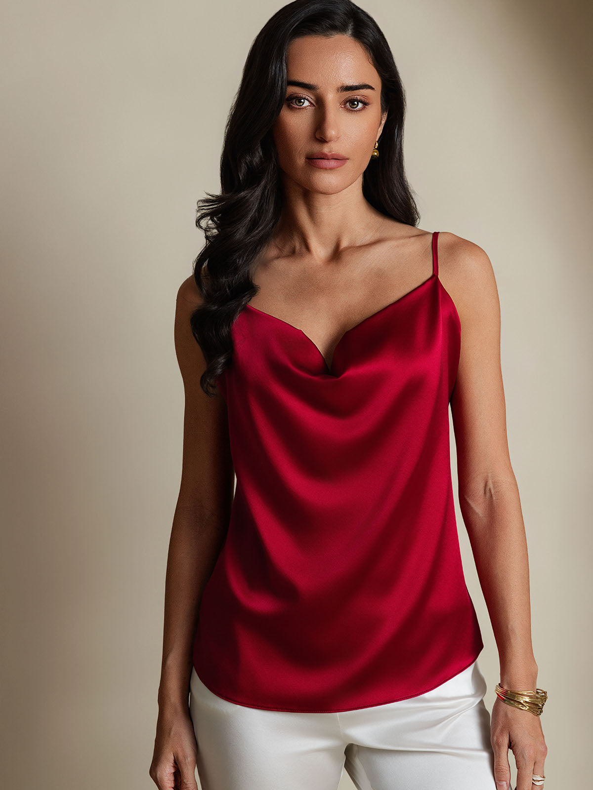 [Rouge Vineux] SilkSilky-FR Spaghetti Strap Cowl Neck Top À Fines Brides 001