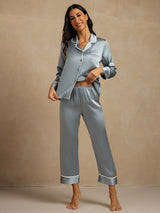 [Bleu Grisâtre] SilkSilky-FR Manches longues Col Cranté Femme Pyjamas 003