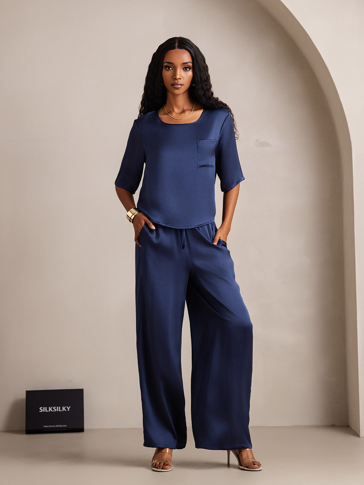 [Bleu Foncé] SilkSilky-FR Pure Soie Col Rond Femme Pyjamas 001