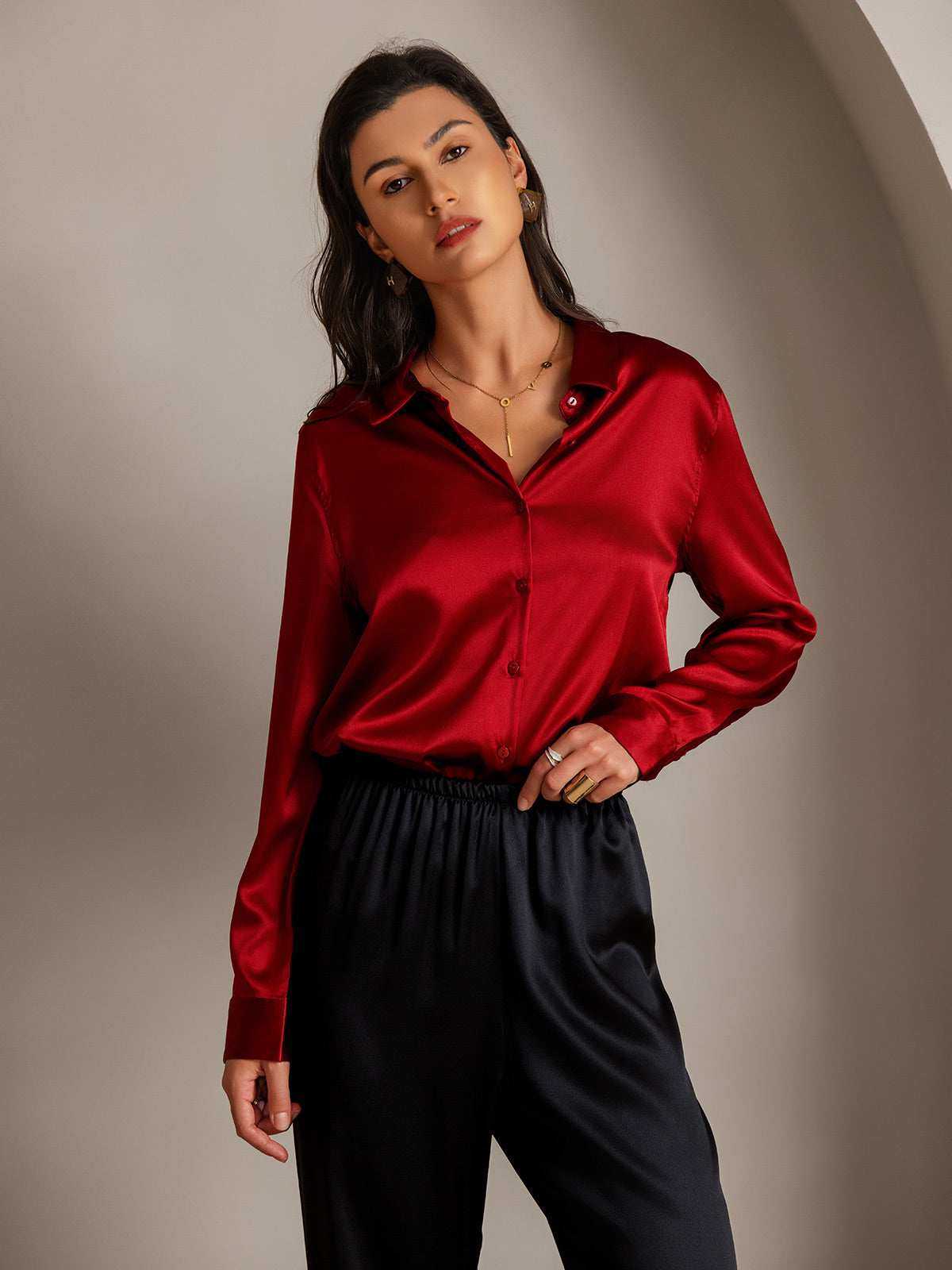 [Rouge] SilkSilky-FR Soie Col Chemise Femme Chemise 004