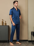 SilkSilky FR 19Momme Pure Soie Manches courtes Revers Homme Pyjamas BleuFoncé 003