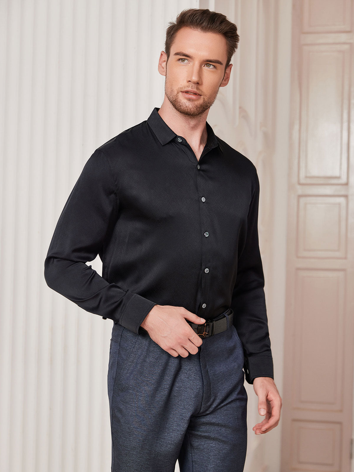 SilkSilky-FR Soie Manches longues Col Chemise Homme Chemise Noir 004