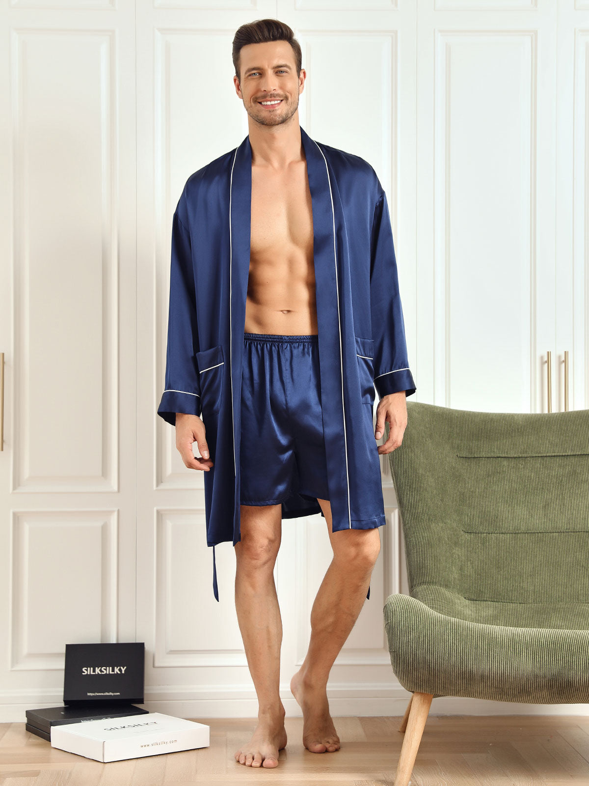 SilkSilky FR Pure Soie Trois quart Revers Homme Peignoir BleuFoncé 003