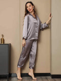 SilkSilky FR Pure Soie Manches longues Revers Femme Pyjamas Gris 008