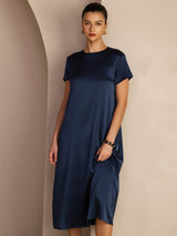 [Bleu Foncé] SilkSilky-FR Short Sleeve Round Neck Robes 006