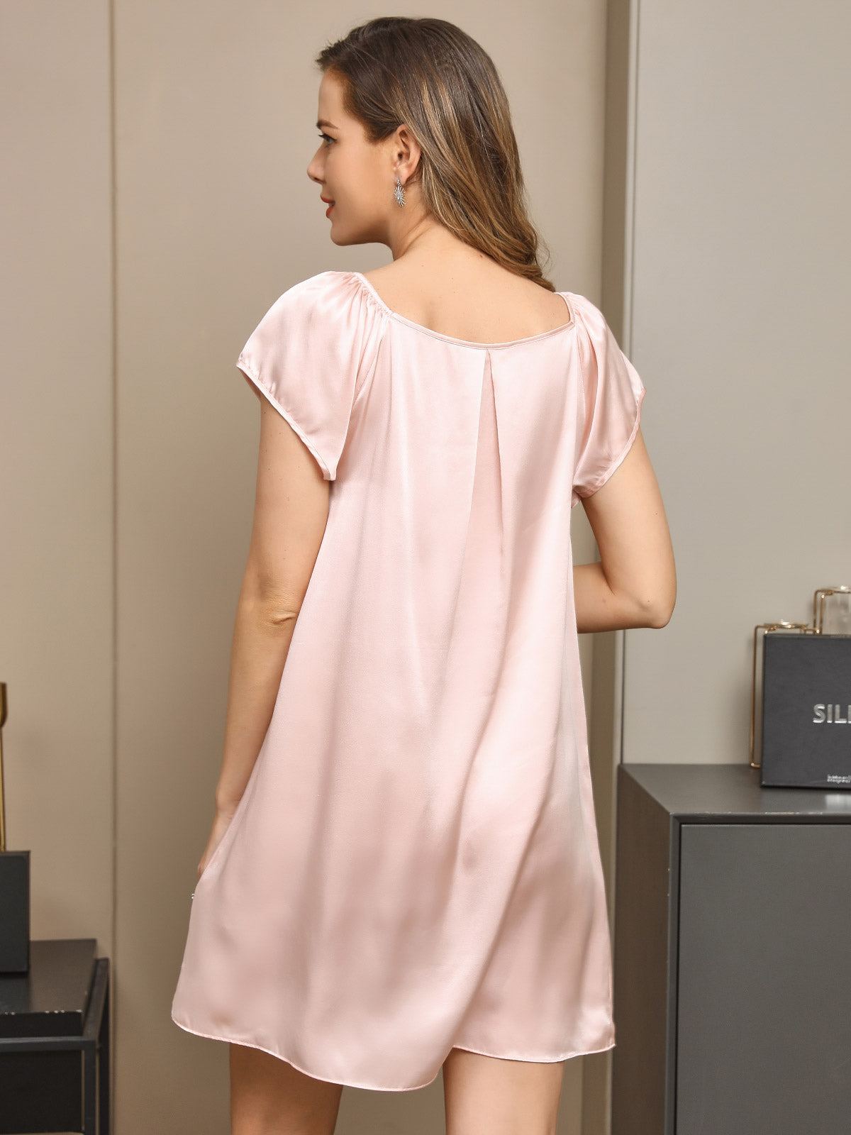 SilkSilky FR Pure Soie Mancherons Nœud à l'encolure Chemises de nuit RoseClair 002