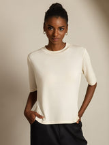 [Beige] SilkSilky-FR Half Sleeve Crew Neck Femme T-Shirt 003