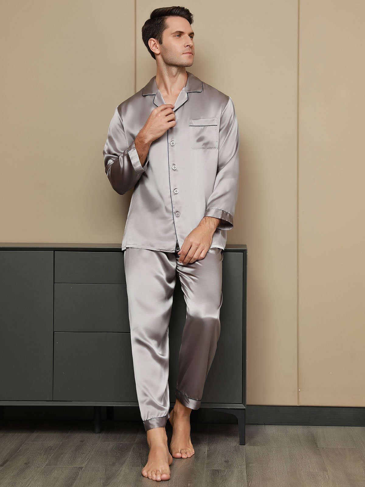 SilkSilky-FR Pure Soie Manches longues Revers Homme Pyjamas Gris 004