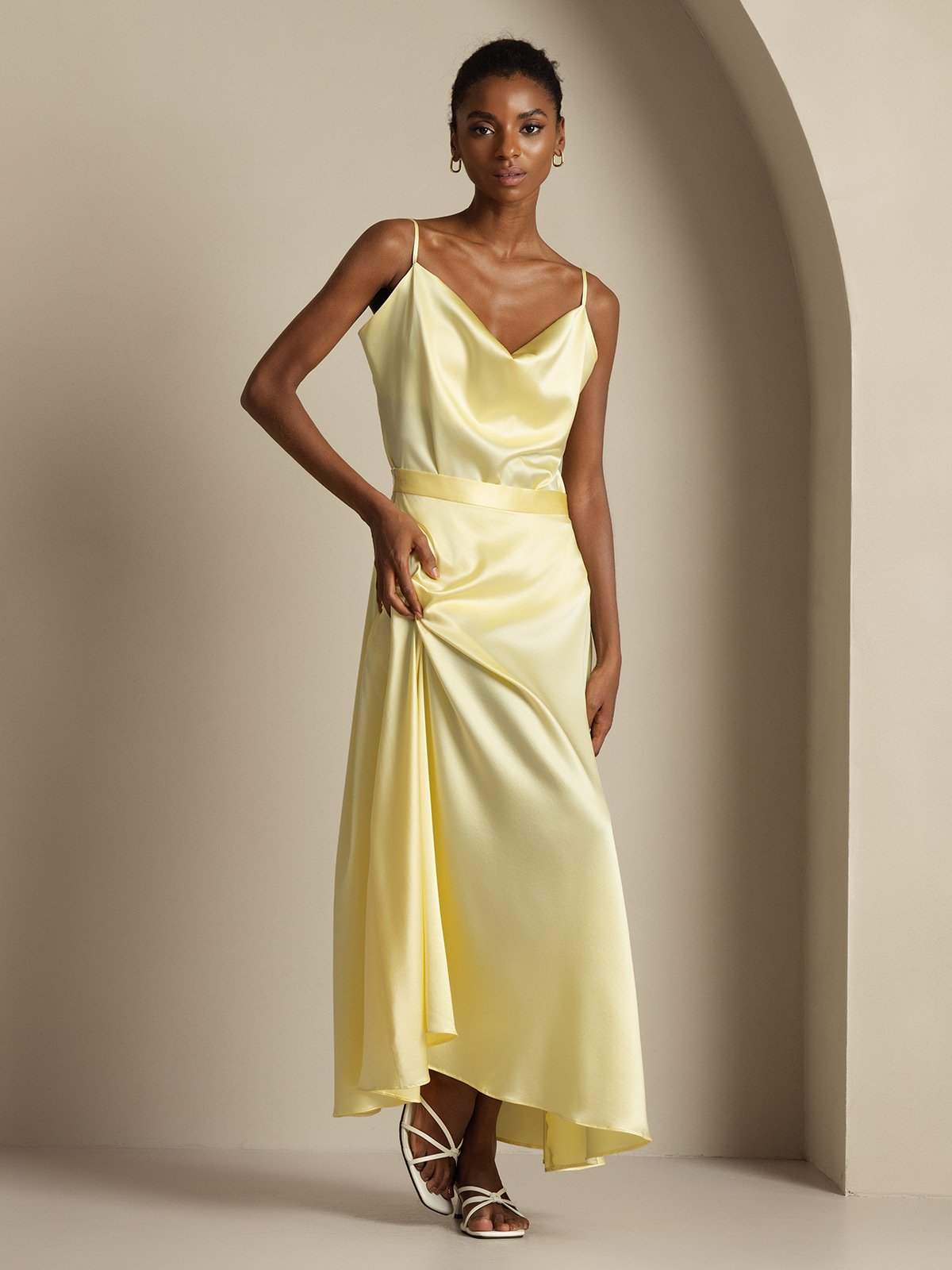 [Jaune Clair] SilkSilky-FR 19Momme Soie Col Chemise Women''s Outfit Sets 005,