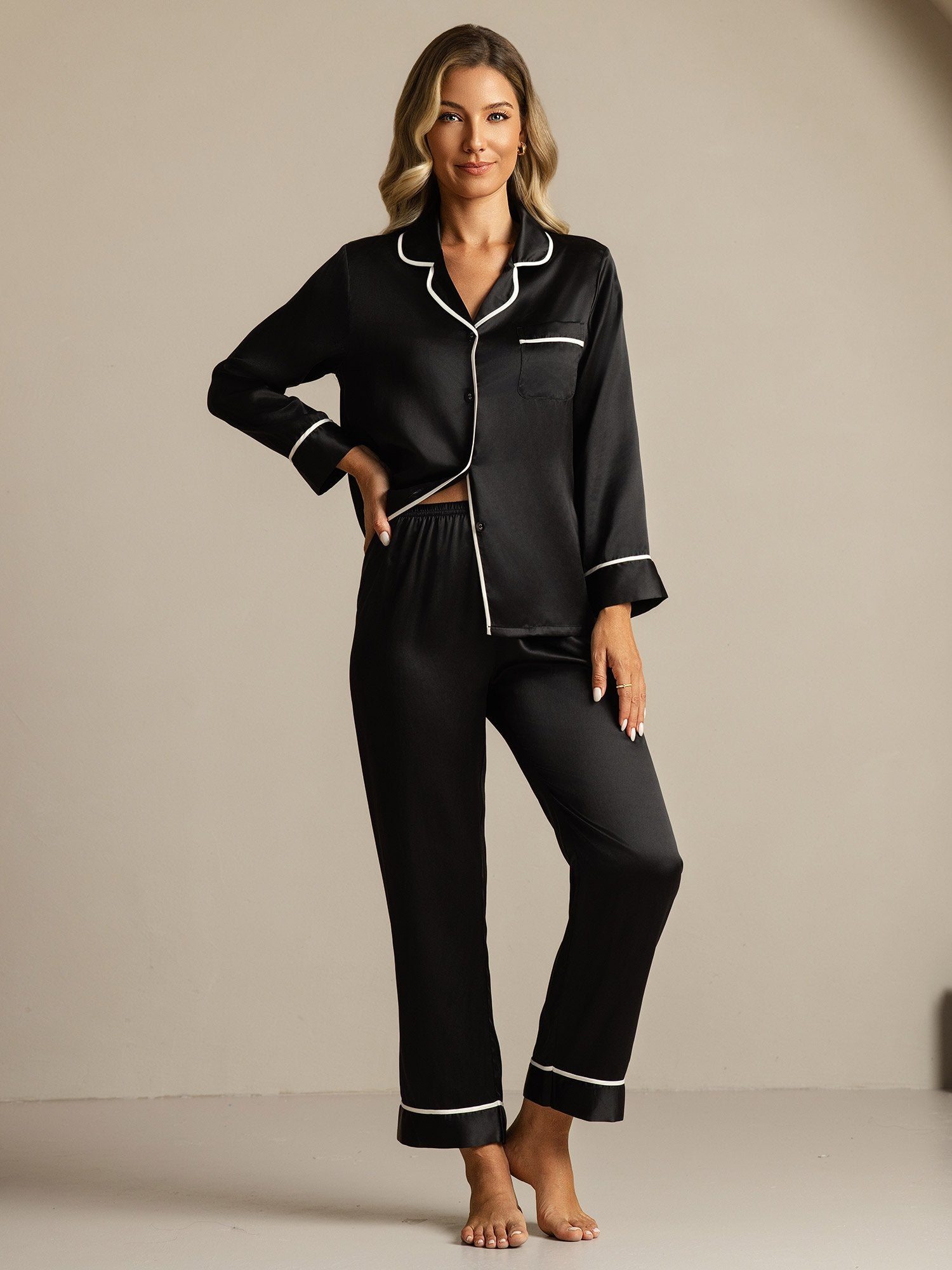[Noir] SilkSilky-FR Soie Col Chemise Femme Pyjamas 006
