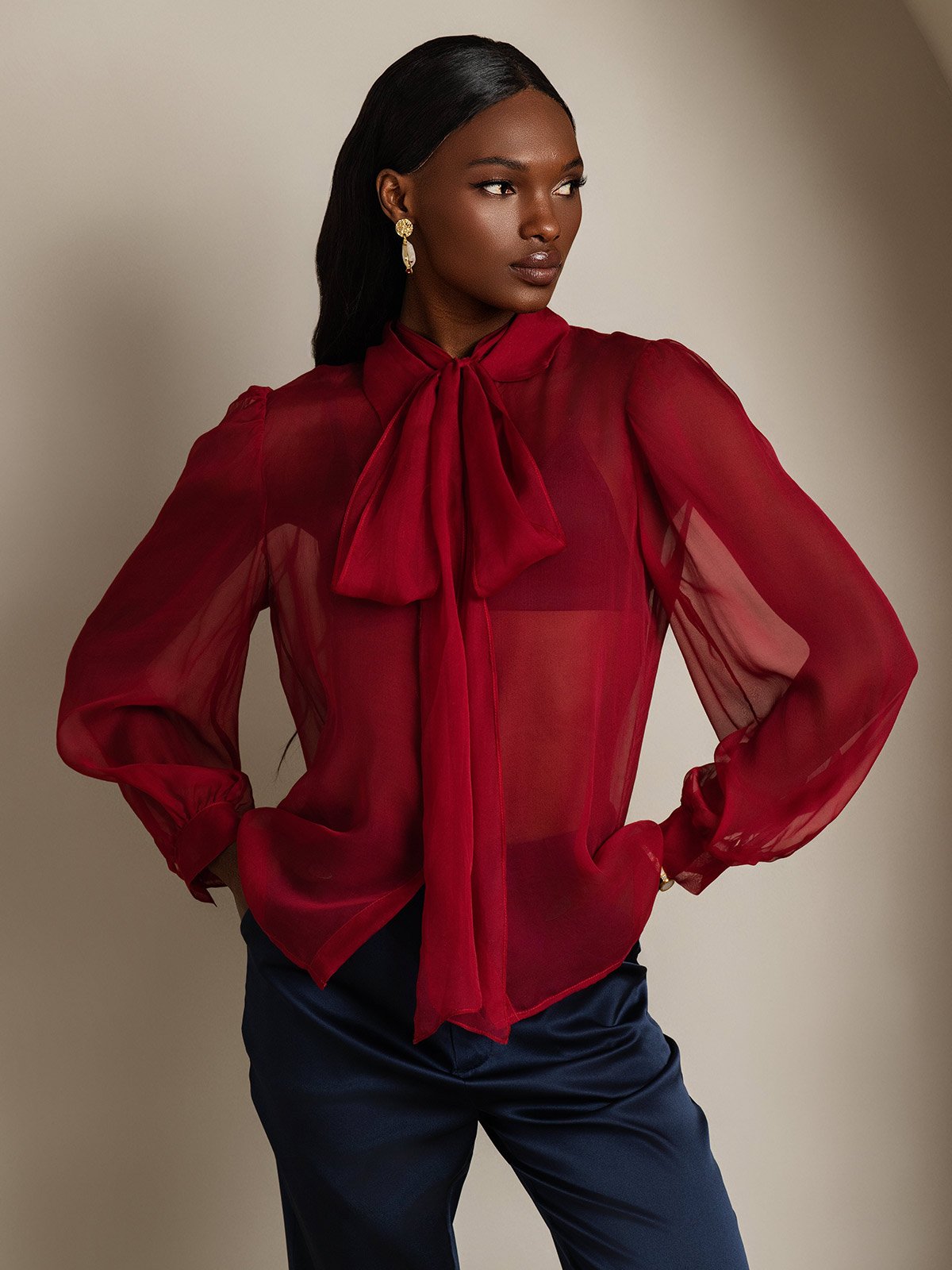 SilkSilky-FR Soie Manches longues Nœud à l'encolure Femme Chemise RougeVineux 001