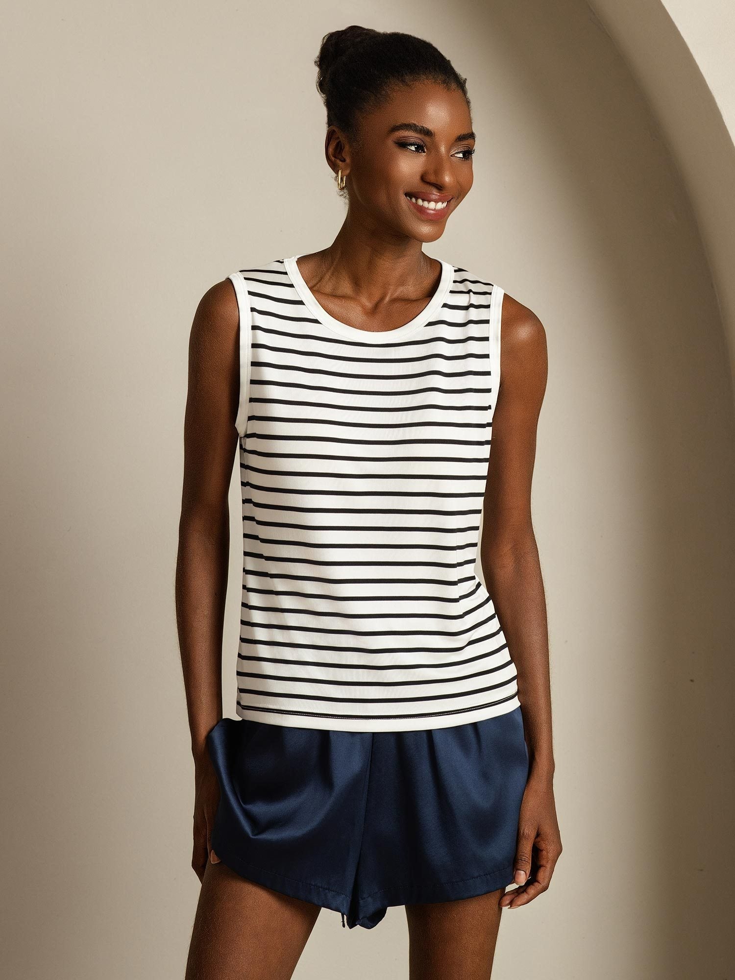 [Rayure Blanche] SilkSilky-FR Soie Sans manches Col Rond Top À Fines Brides 001