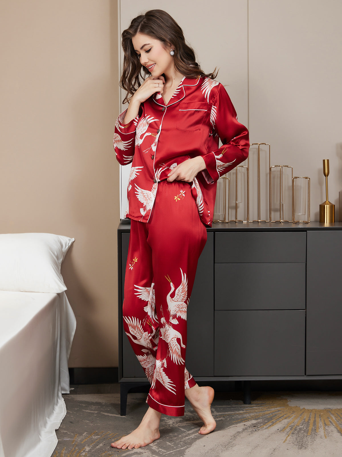 [Rouge Foncé] SilkSilky-FR 19Momme Pure Soie Womens Pajamas 004