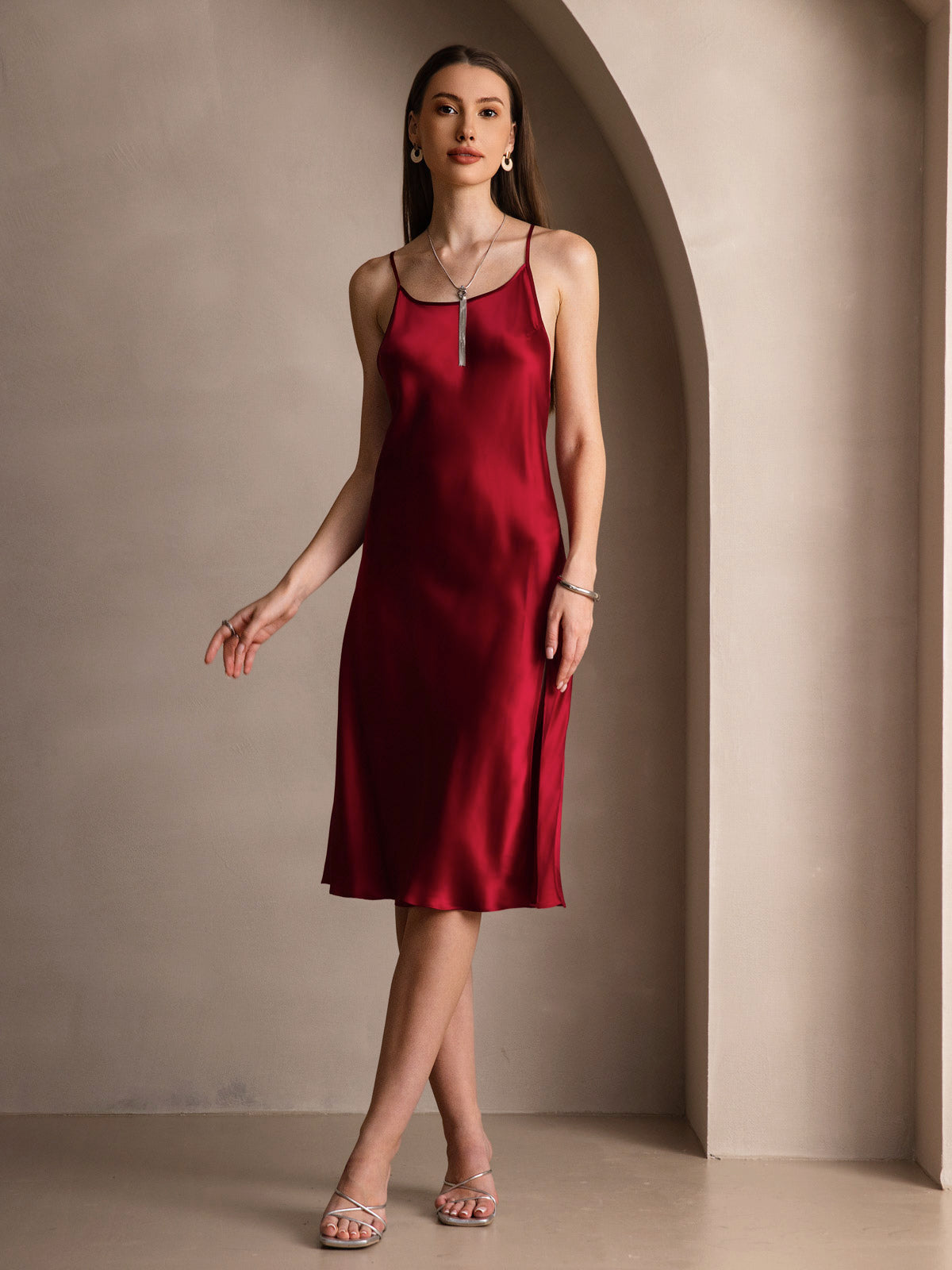 [Rouge Vineux] SilkSilky-FR Pure Soie Col Rond Robes 005