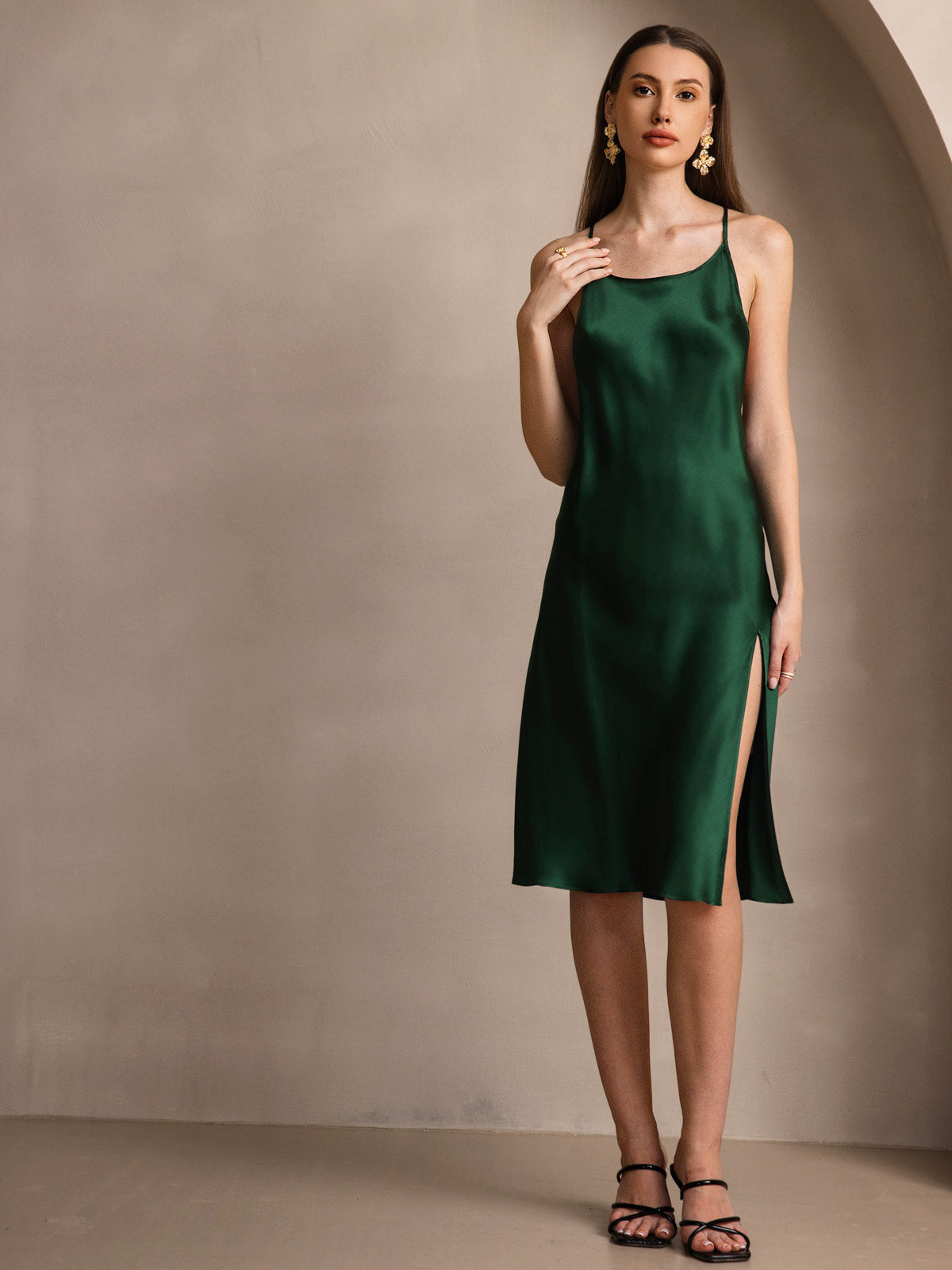 [Vert Foncé] SilkSilky-FR Pure Soie Col Rond Robes 004