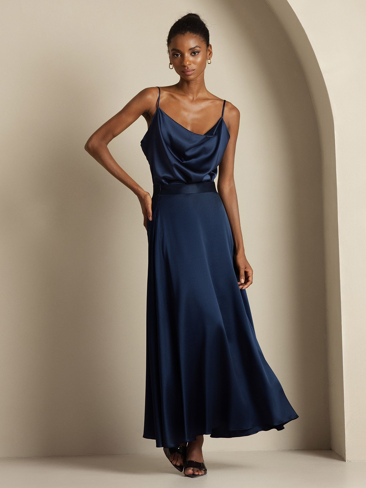 [Bleu Foncé] SilkSilky-FR 19Momme Soie Col Chemise Women''s Outfit Sets 007,