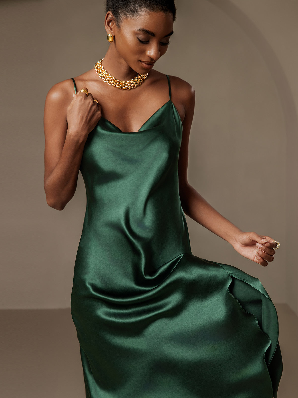 [Vert Foncé] SilkSilky-FR 19Momme Pure Soie Col Bénitier Robes 004