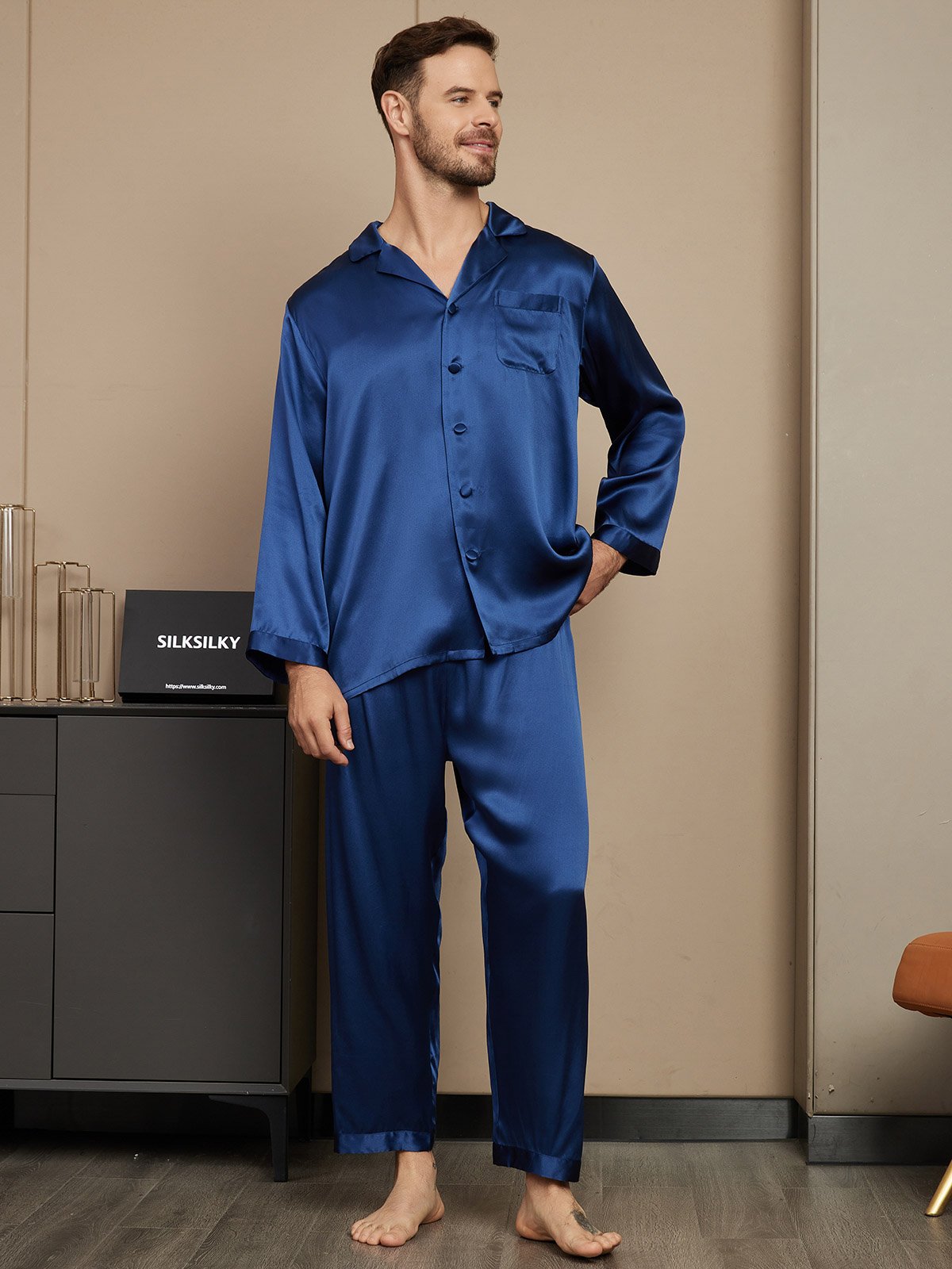 [Bleu Foncé] SilkSilky-FR Pure Soie Mens Pajamas 005