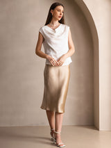 [Blanc] SilkSilky-FR Cap Sleeve Cowl Neck Femme T-Shirt 007