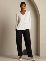 [Blanc] SilkSilky-FR Long Sleeve V Neck Blouse 008