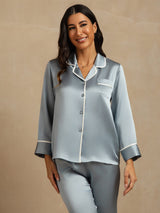 [Bleu Grisâtre] SilkSilky-FR Manches longues Col Cranté Femme Pyjamas 009