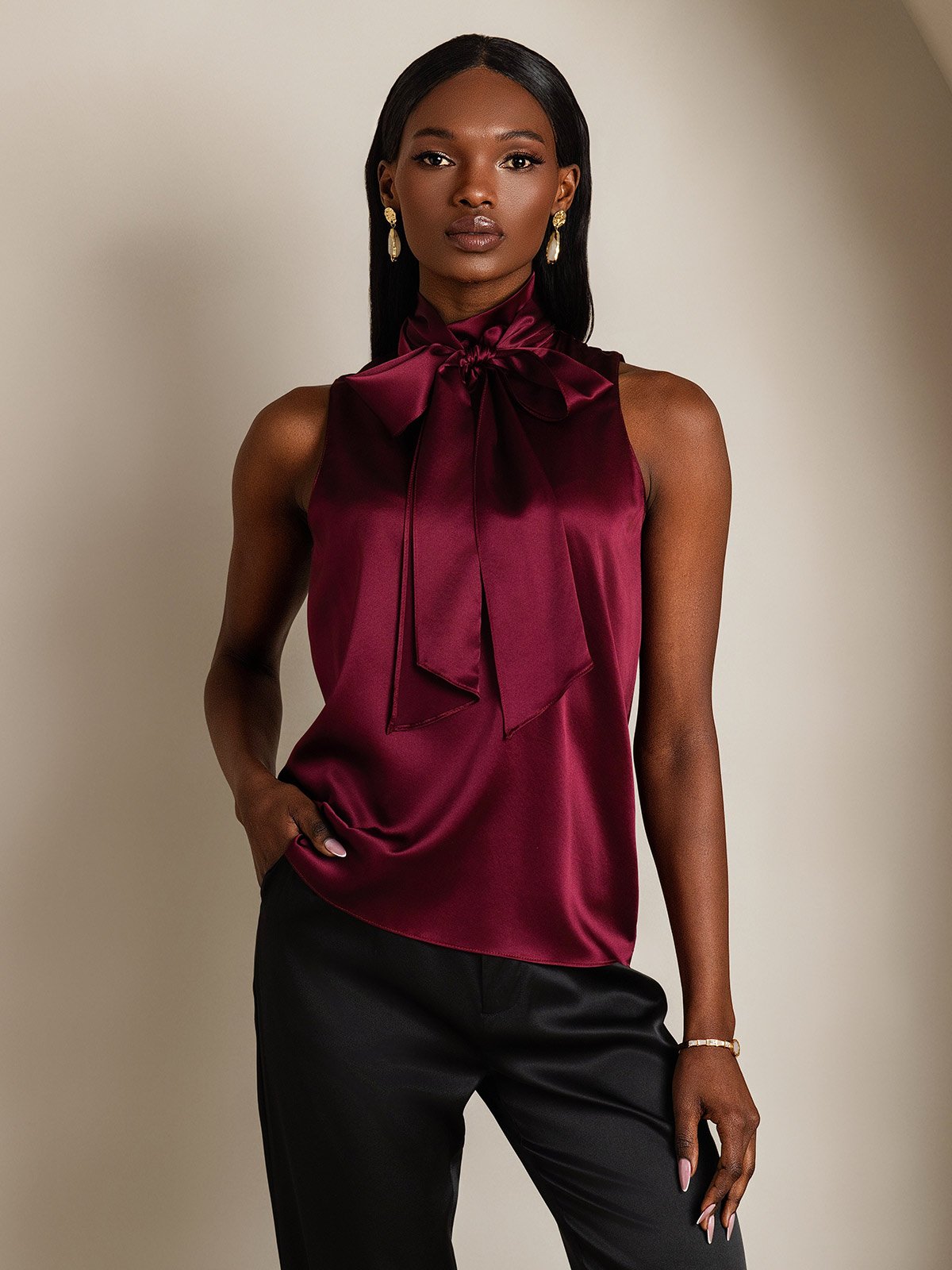 SilkSilky-FR 19Momme Soie Nœud à l'encolure Femme Chemise RougeFoncé 001