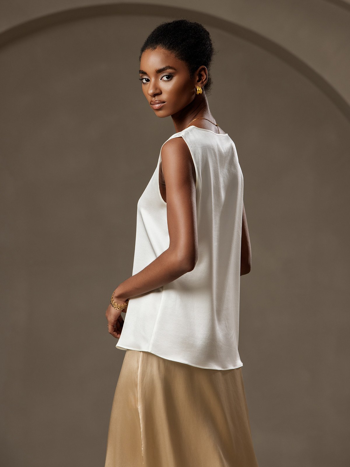 [Blanc] SilkSilky-FR 19Momme Soie Col Rond Top À Fines Brides 004
