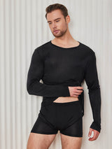 [Noir] SilkSilky-FR Long Sleeve Round Neck Homme T-Shirt 004