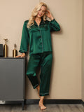 SilkSilky FR Pure Soie Manches longues Revers Femme Pyjamas Vert 003