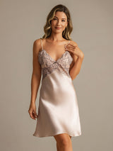 [Rose] SilkSilky-FR Sleeveless Deep V Neck Chemises de nuit 008
