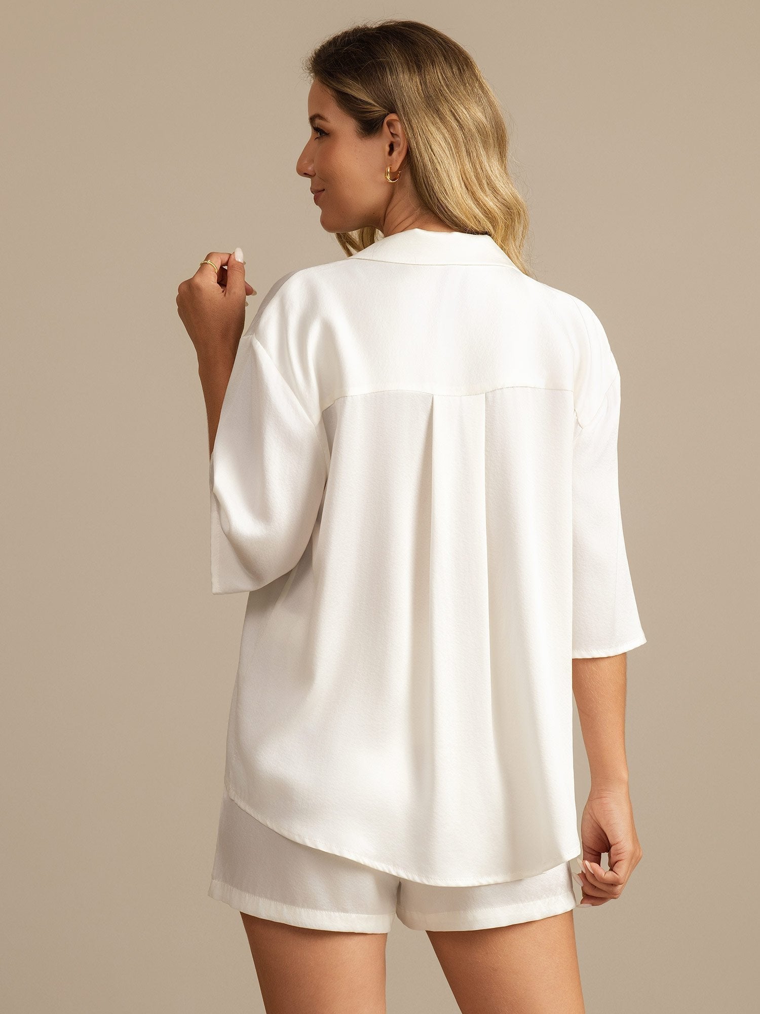 [Blanc] SilkSilky-FR 19Momme Soie Col Chemise Femme Pyjamas 002,