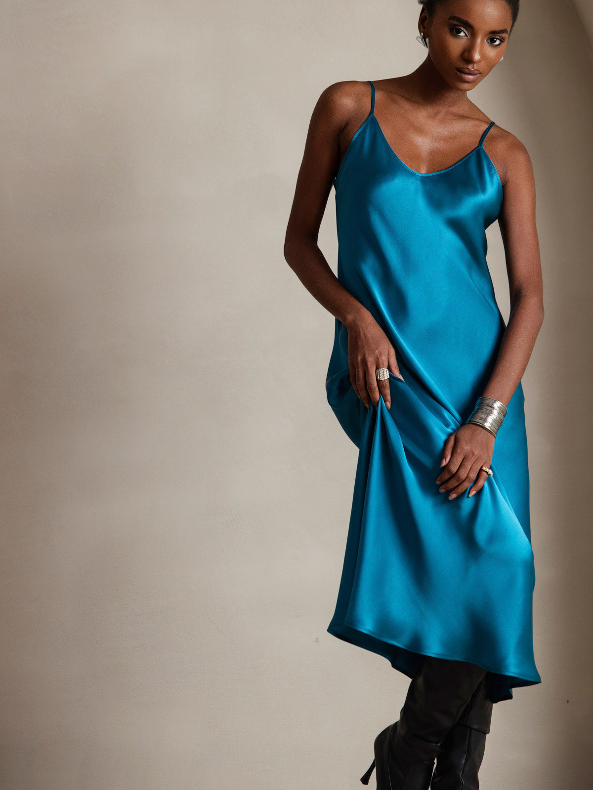 [Bleu Royal] SilkSilky-FR Pure Soie Col Rond Robes 003