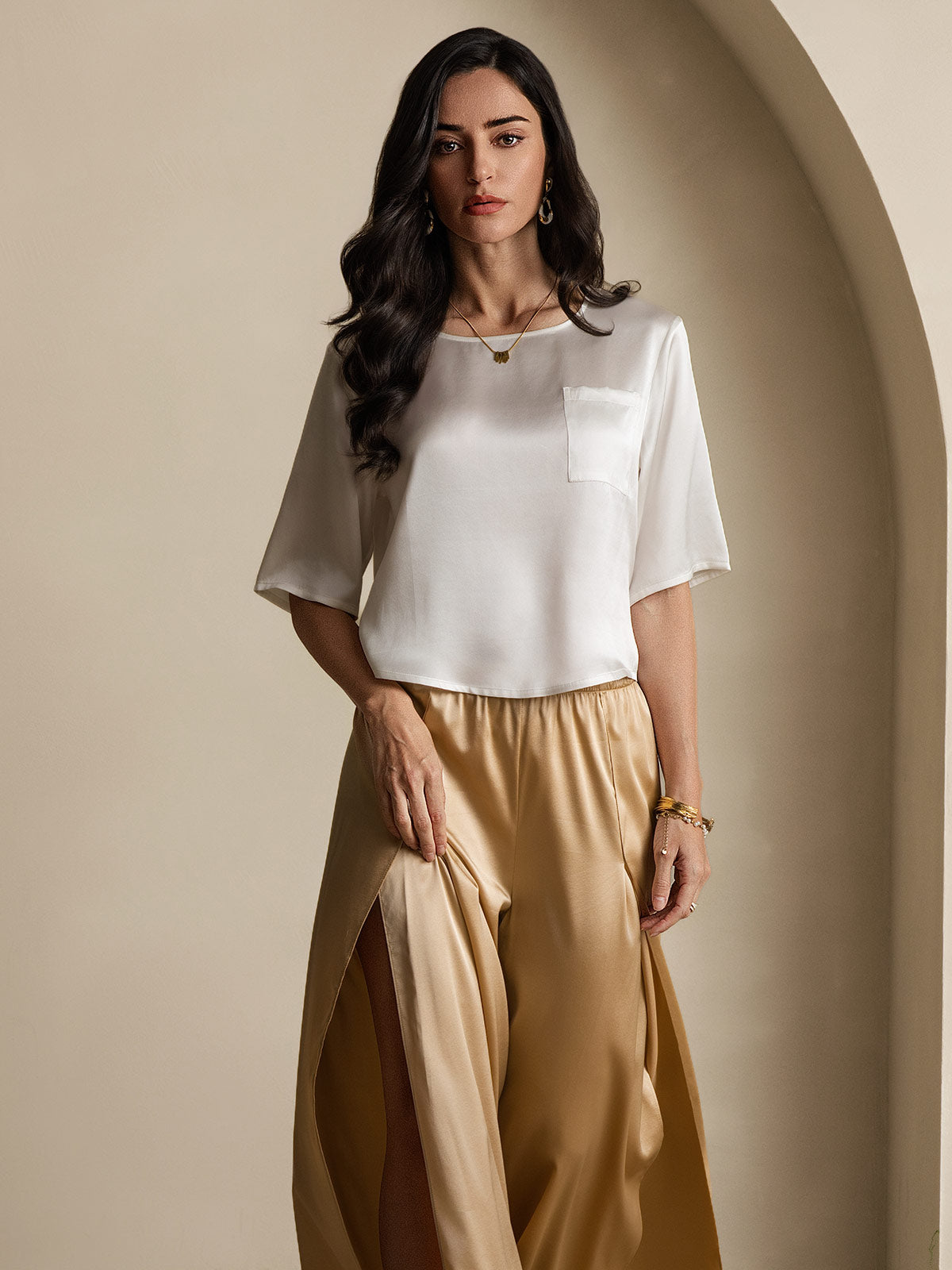 [Blanc] SilkSilky-FR Pure Soie Manches mi-longues Col Bateau Femme T-Shirt 007