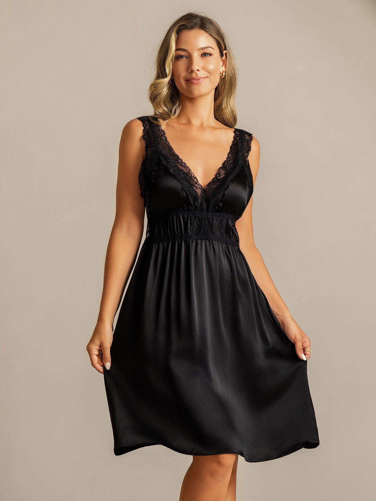 [Noir] SilkSilky-FR Sleeveless Deep V Neck Chemises de nuit 003