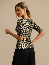 [Leopard] SilkSilky-FR Manches mi-longues Encolure Dégagée Femme T-Shirt 002