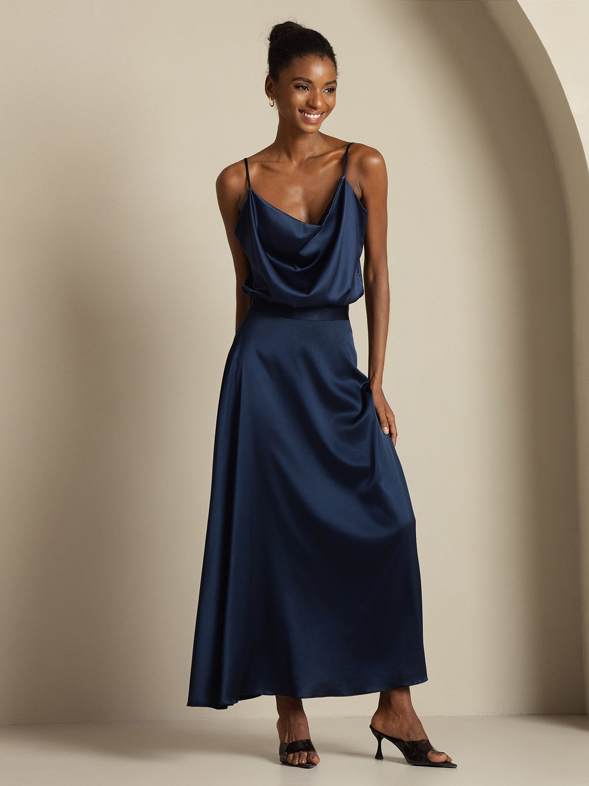 [Bleu Foncé] SilkSilky-FR 19Momme Soie Col Chemise Women''s Outfit Sets 006,