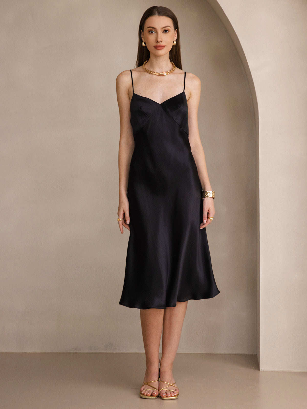 [Noir] SilkSilky-FR 19Momme Pure Soie Col en V Robes 004
