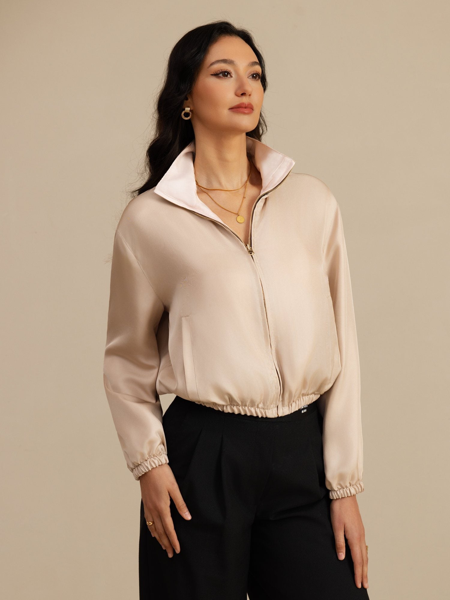 [Tan+Rose] SilkSilky-FR 18Momme Manches longues Col Montant Femme Manteaux 003