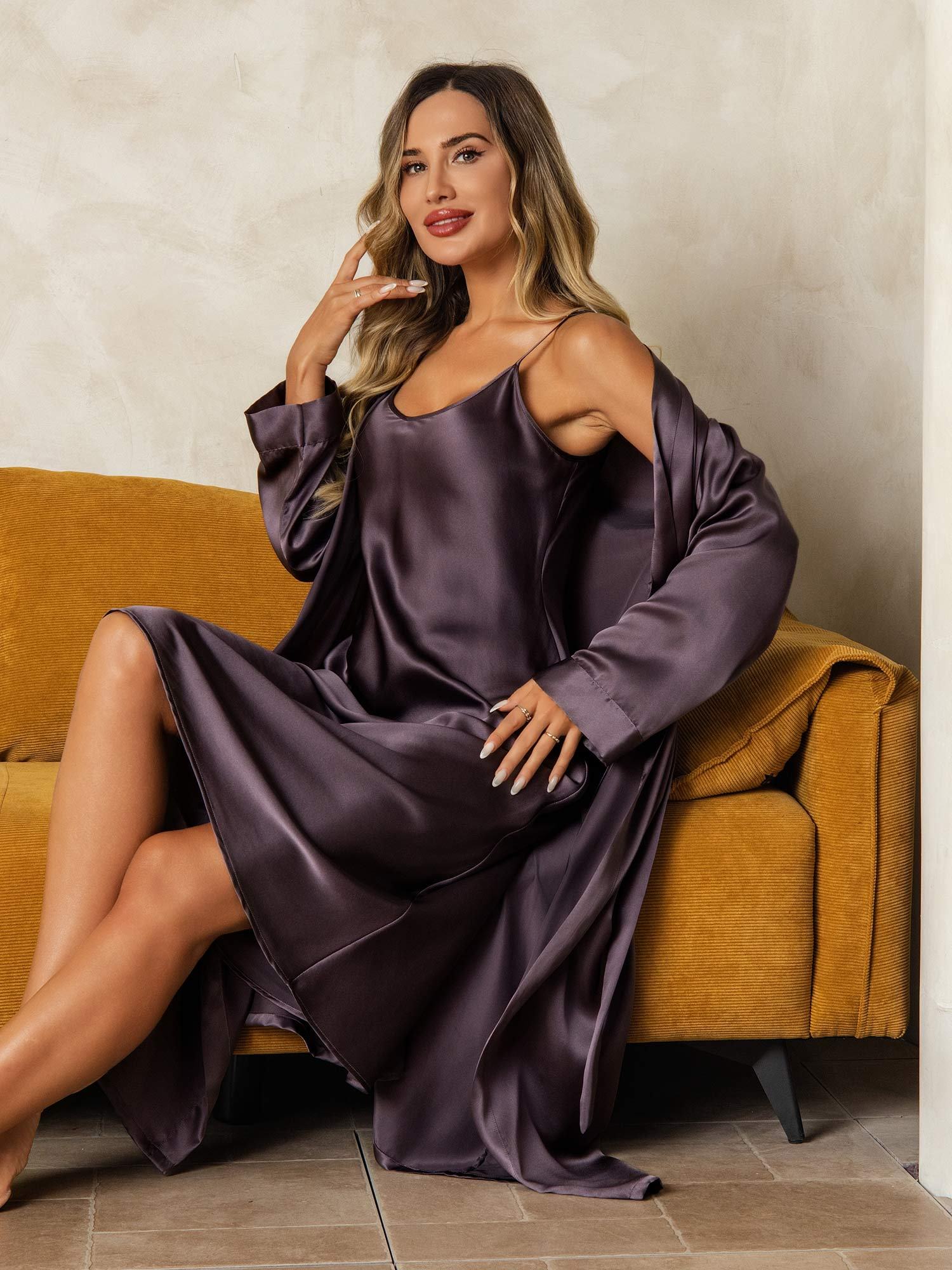 [GrisPourpre] SilkSilky-FR Soie Nightgown&Robe Set 006