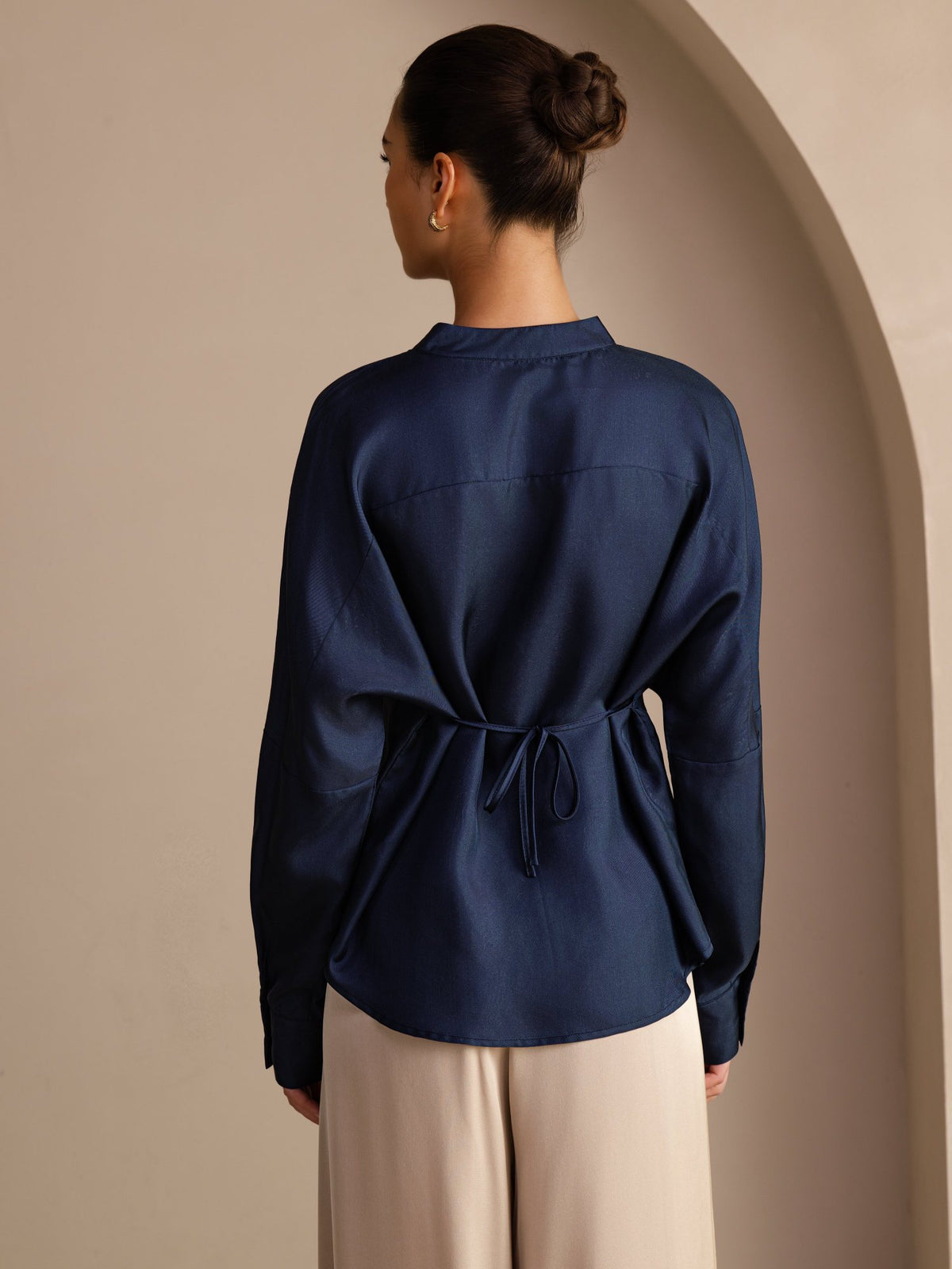[Bleu Foncé] SilkSilky-FR Long Sleeve Blouse 002