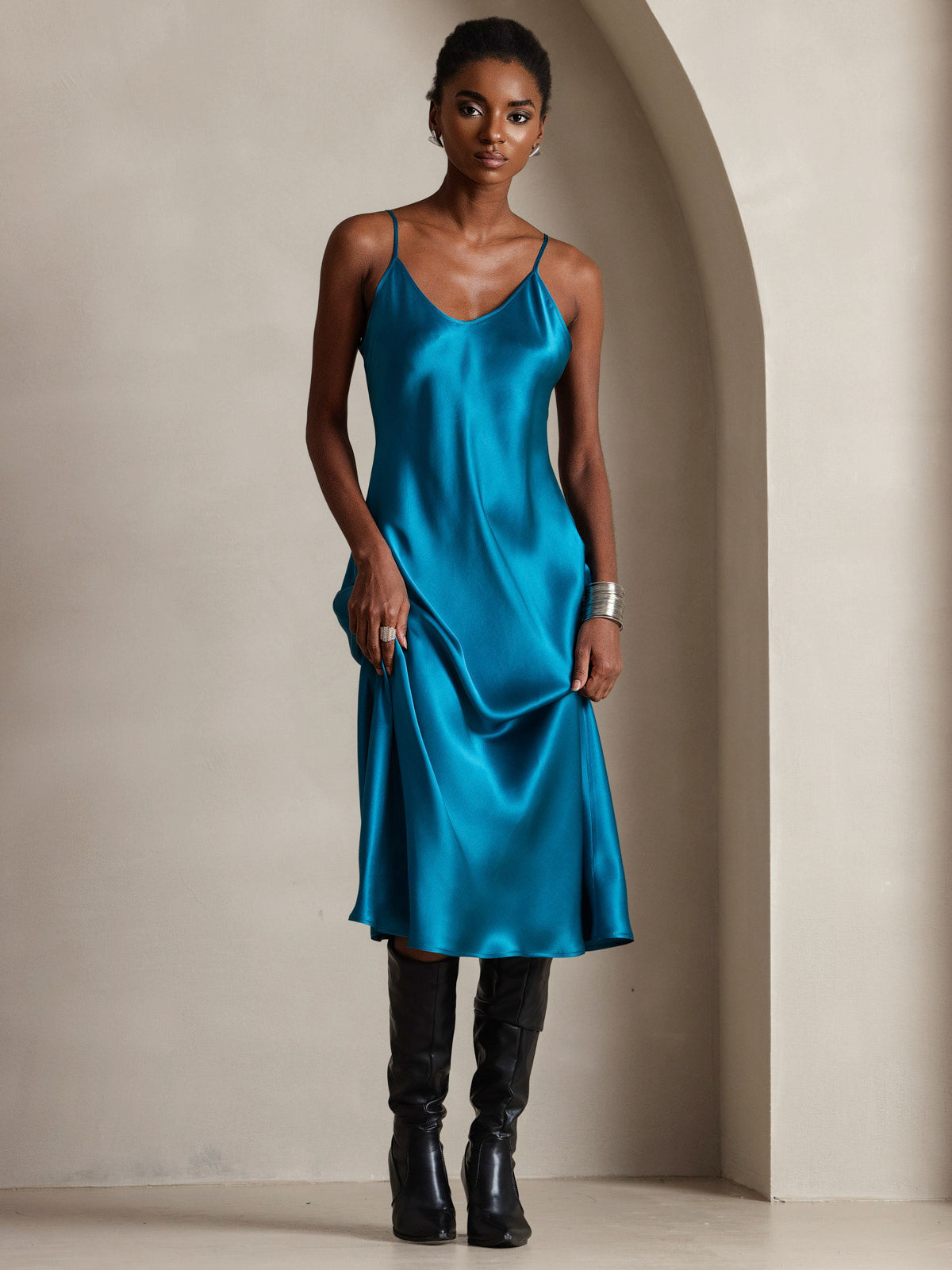[Bleu Royal] SilkSilky-FR Pure Soie Col Rond Robes 004