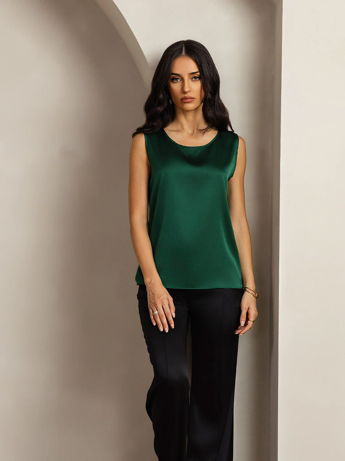 [Vert Foncé] SilkSilky-FR 19Momme Sans manches Col Rond Top À Fines Brides 003