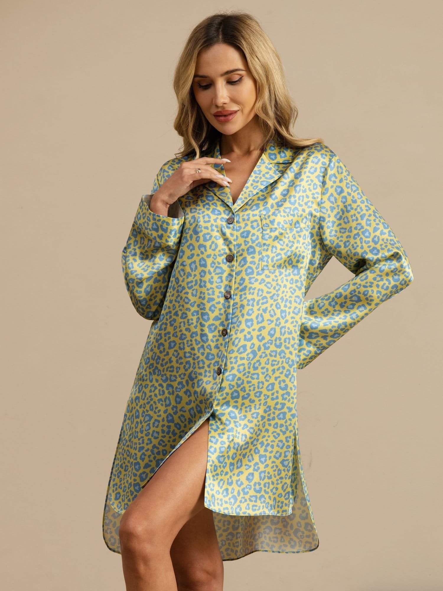 [Léopard Vert] SilkSilky-FR 19Momme Manches longues Chemise pour dormir 005