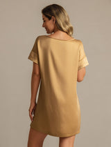 [Tan] SilkSilky-FR 19Momme Manches courtes Col Rond Chemises de nuit 002